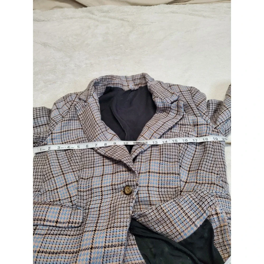 Free People Blue Gray Plaid Classic Cropped Jacket Blazer Medium Office Academia